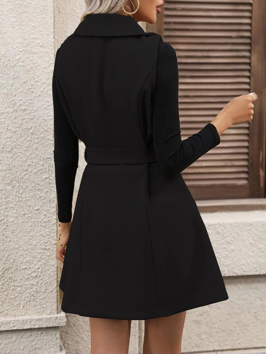 IDEALSANXUN Womens Long Wool Vest Fall Winter Sleeveless Blazer Jackets Double Breasted Trench Coat with Belt