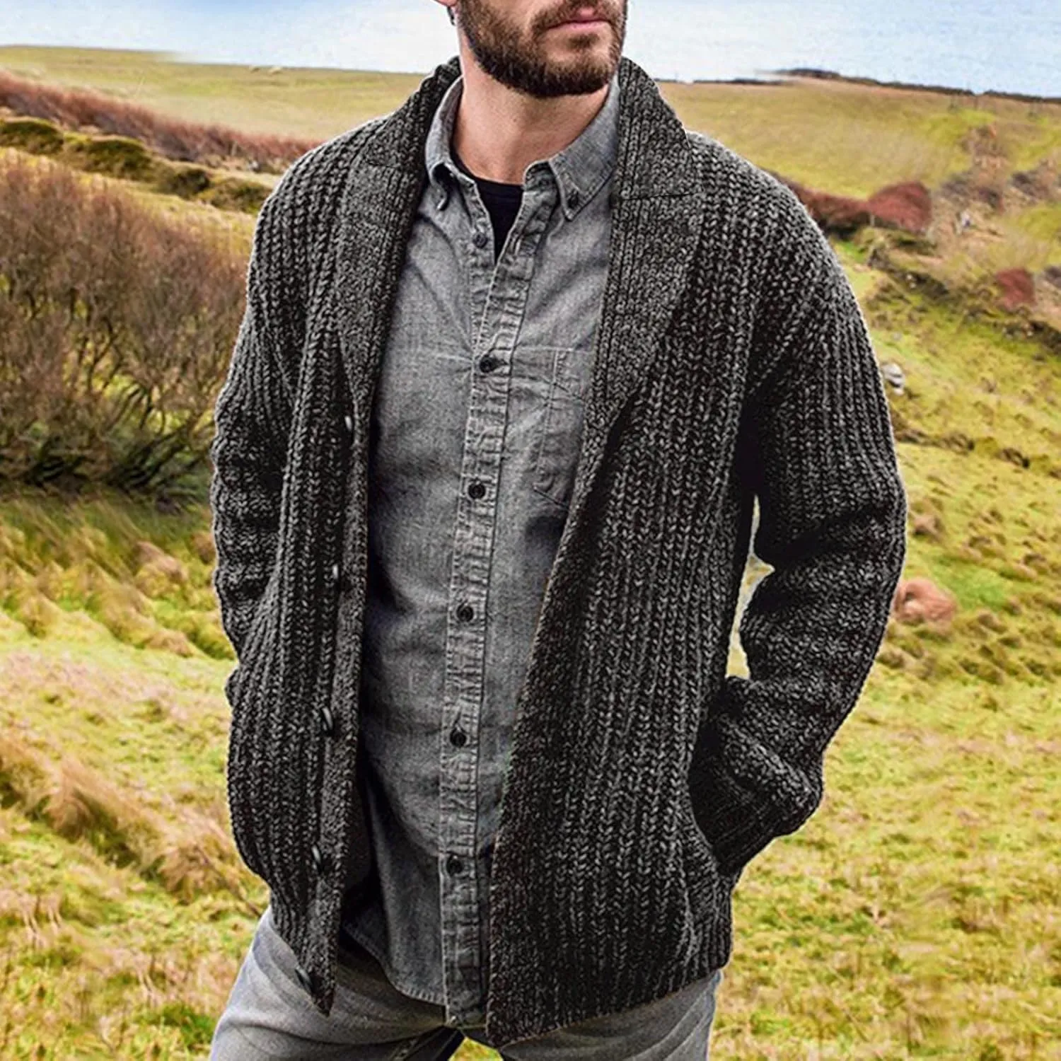 Jackets for Men Cardigan Europe and America Solid Color Long Sleeve Slim Knit Sweater Coat Jackets