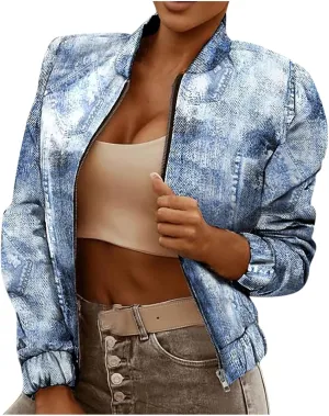 JEGULV Blazer for Women Fashion Print Jackets Stand Collar Slim Fit Cardigan Zip Up Business Office Suit for Work