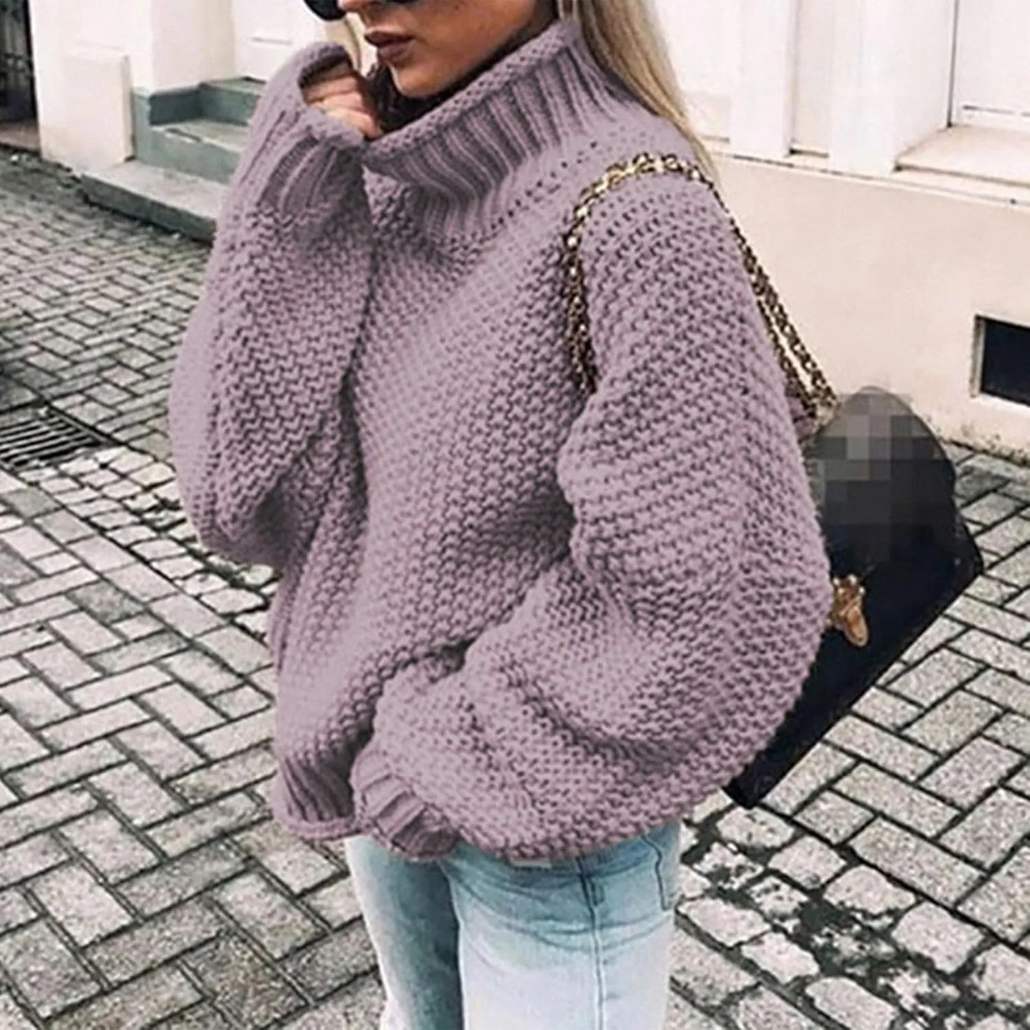 JEGULV Turtleneck Sweaters for Woman Dressy Casual Long Sleeve Cable Knit Pullover Tops Sweaters Loose Soft Jumper Sweaters