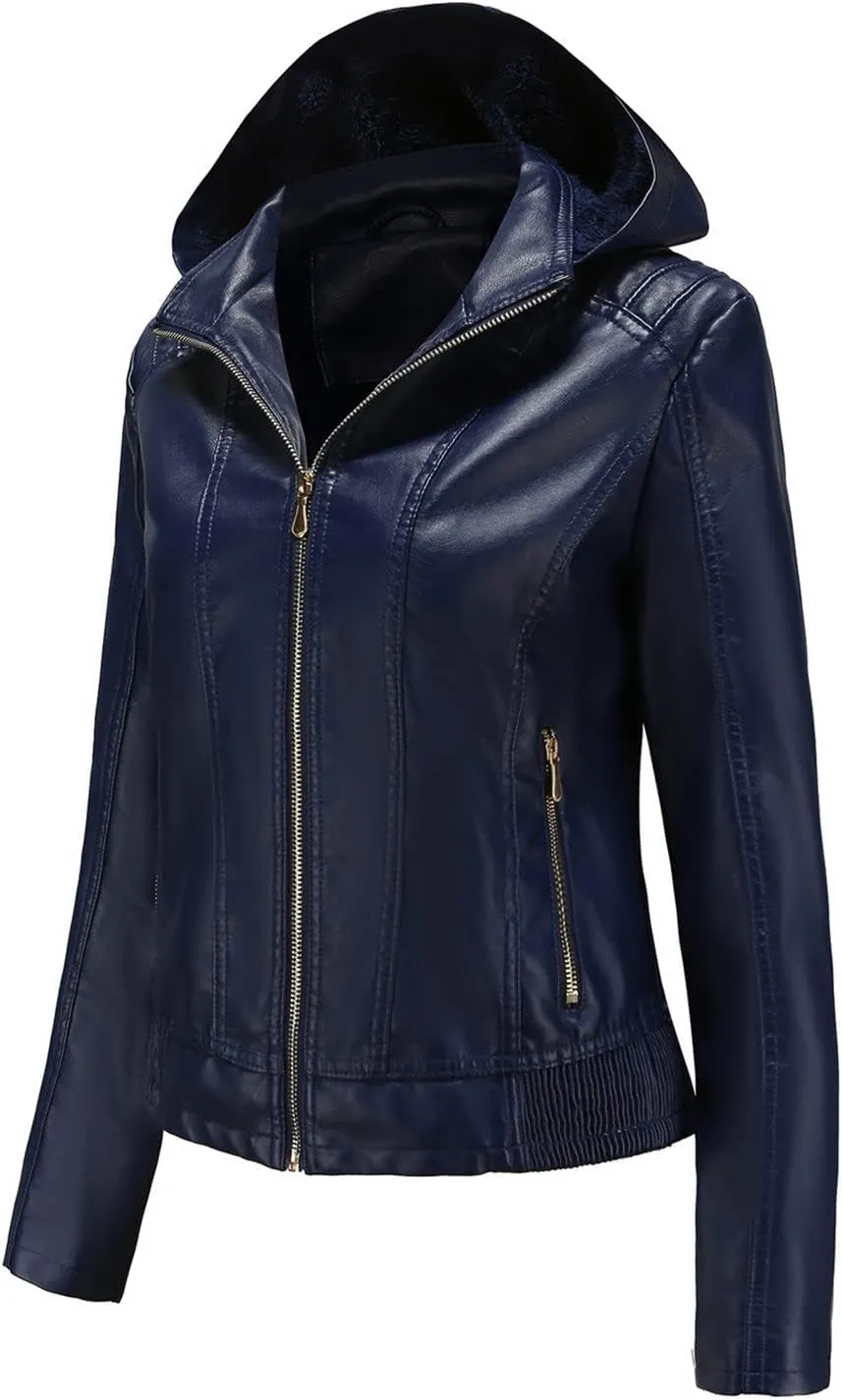 JEsilunmaMY Women's Leather Jackets with Removable Hood Plus Size Long Sleeve Zip Motorcycle Coat Slim Winter Fleece Outwear