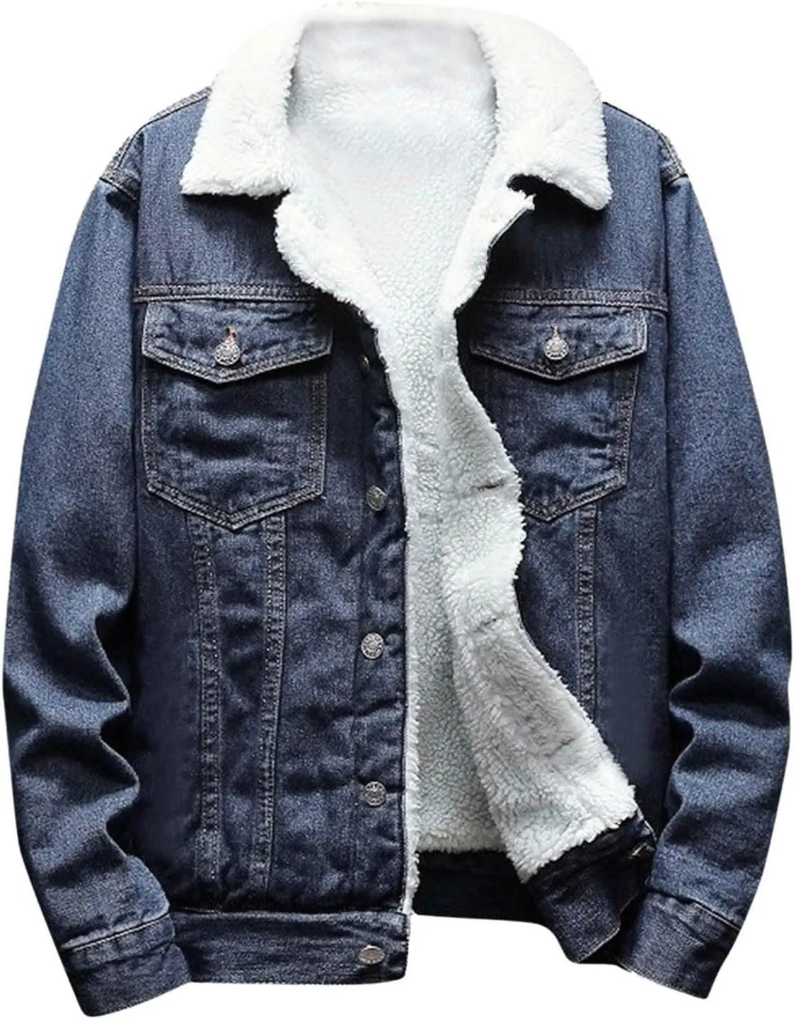 jsaierl Jean Jacket Men, Fleece Lined Winter Warm Denim Jacket, Long Sleeve Lapel Trucker Jacket Outwear with Front Pockets