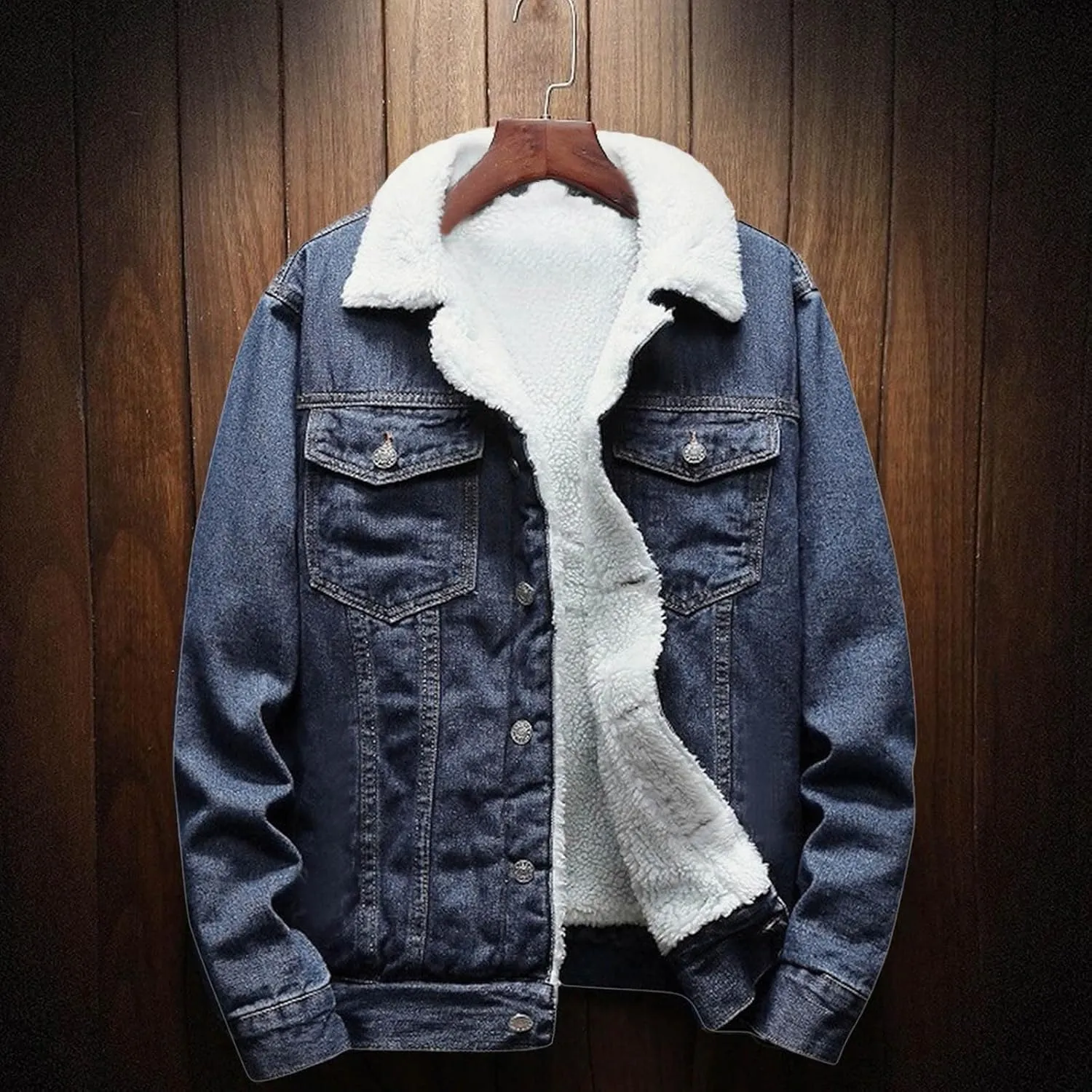 jsaierl Jean Jacket Men, Fleece Lined Winter Warm Denim Jacket, Long Sleeve Lapel Trucker Jacket Outwear with Front Pockets