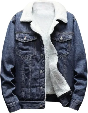 jsaierl Jean Jacket Men, Fleece Lined Winter Warm Denim Jacket, Long Sleeve Lapel Trucker Jacket Outwear with Front Pockets