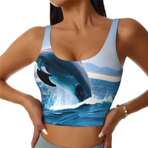 Jumping Up Dolphins Women's Sexy Sports Vest Sleeveless Athletic Gym T-Shirts Vest U-Shaped Back Quick Dry Top