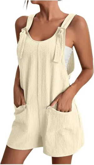 Jumpsuit for Women Linen Short Overalls Summer Beach Sleeveless Jumpers Loose Adjustable Rompers Jumpsuits