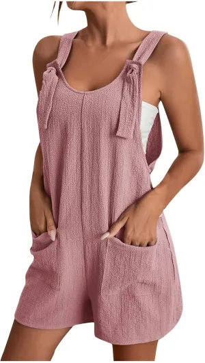 Jumpsuit for Women Linen Short Overalls Summer Beach Sleeveless Jumpers Loose Adjustable Rompers Jumpsuits