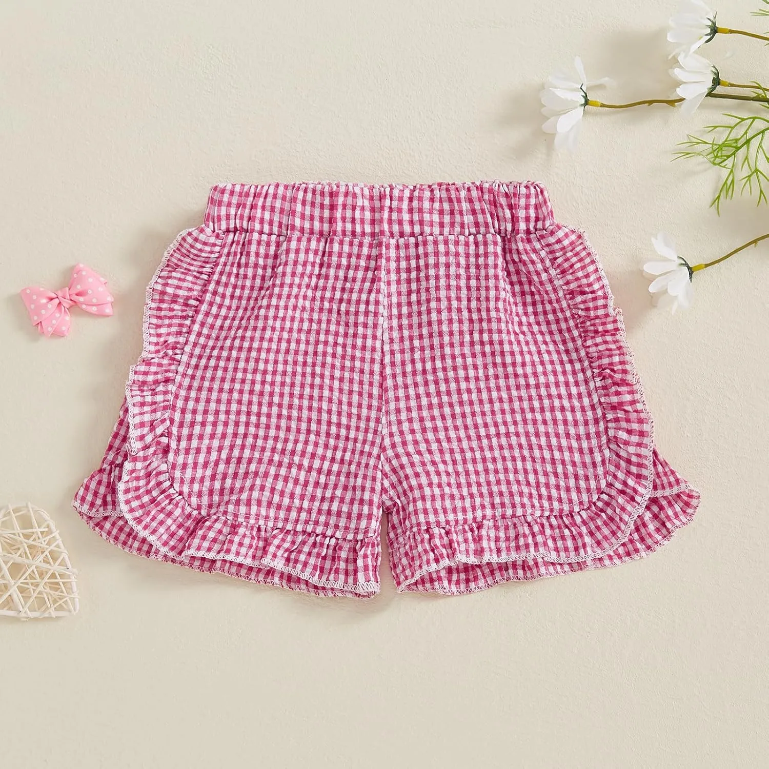 Karuedoo Toddler Baby Girl Shorts Casual Summer Gingham Plaid/Seersucker Elastic Waist Ruffle Hem Shorts Bottoms