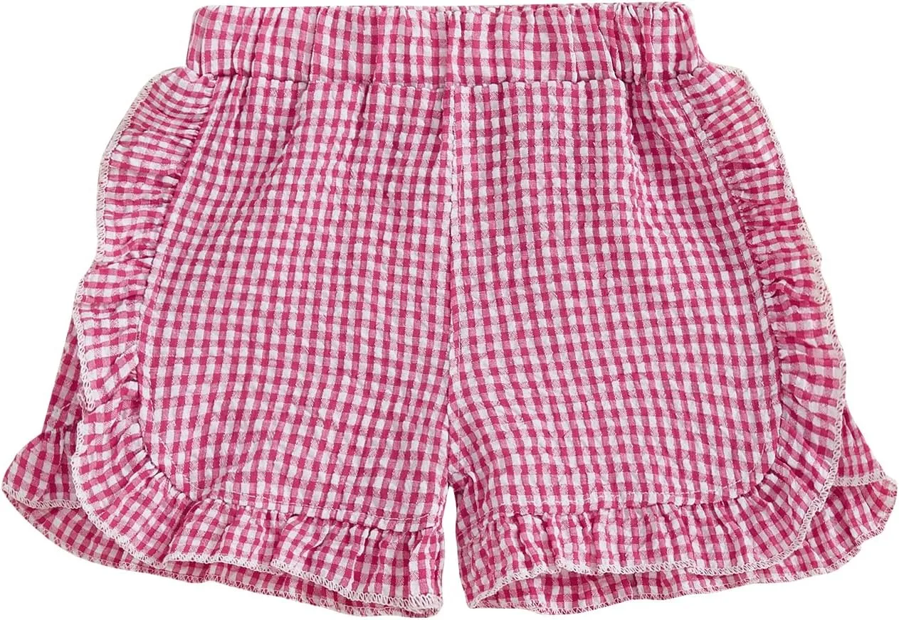 Karuedoo Toddler Baby Girl Shorts Casual Summer Gingham Plaid/Seersucker Elastic Waist Ruffle Hem Shorts Bottoms