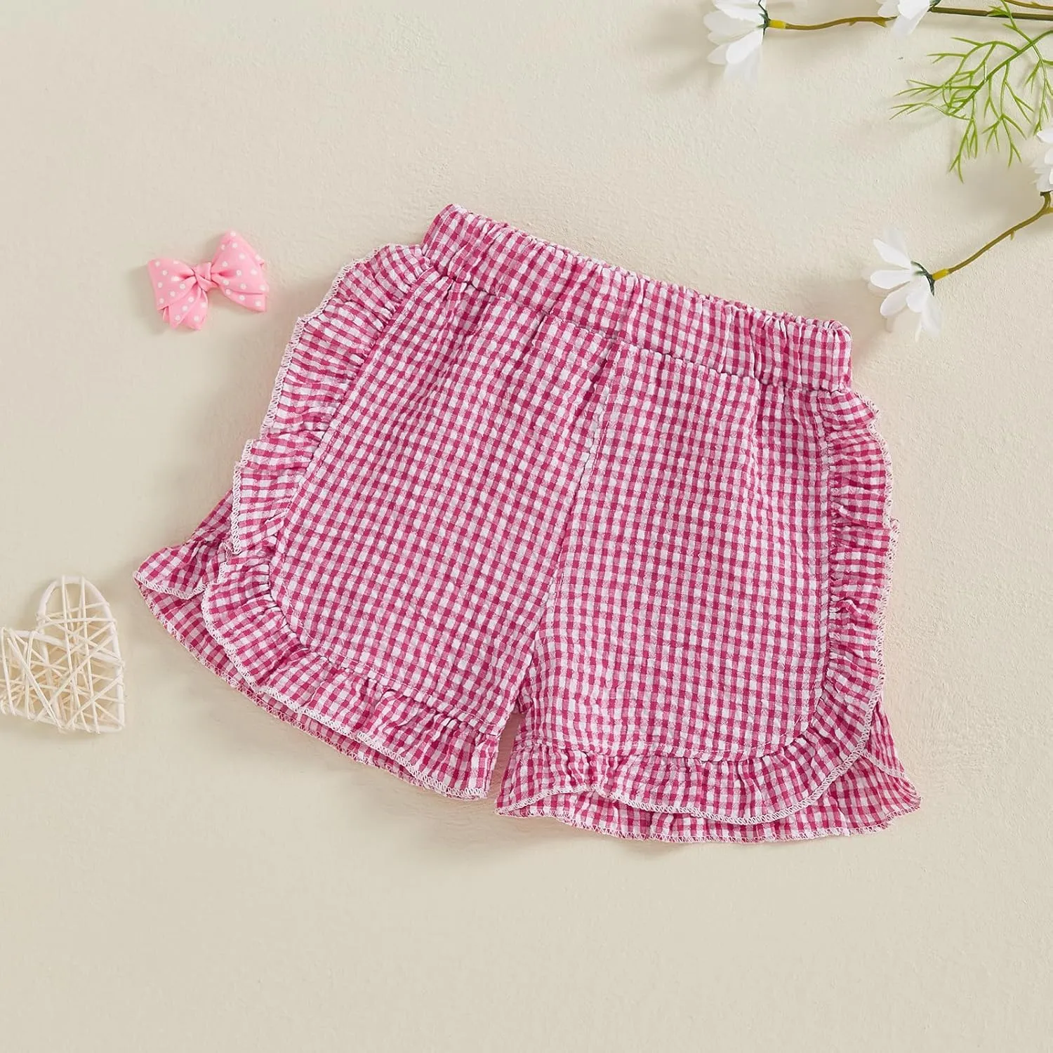Karuedoo Toddler Baby Girl Shorts Casual Summer Gingham Plaid/Seersucker Elastic Waist Ruffle Hem Shorts Bottoms