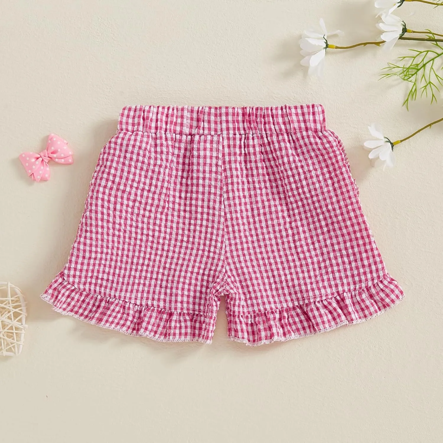 Karuedoo Toddler Baby Girl Shorts Casual Summer Gingham Plaid/Seersucker Elastic Waist Ruffle Hem Shorts Bottoms