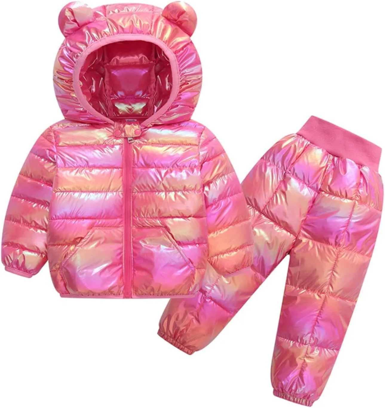 Kids Two Piece Winter Suit Baby Toddler Boy Girl Down Puffer Jackets Bear Hoods Down Coat and Pants Warm (A, 7-8 Years)