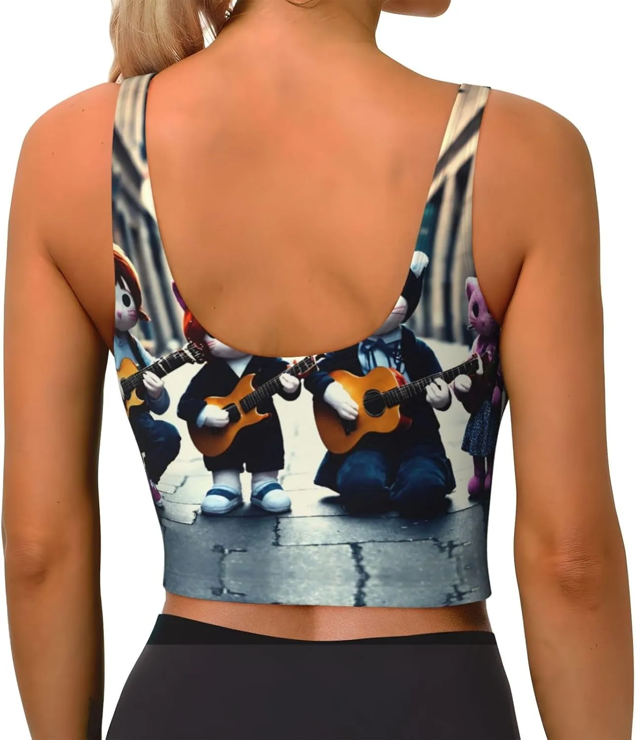 Kitten Playing Guitar Women's Sexy Sports Vest Sleeveless Athletic Gym T-Shirts Vest U-Shaped Back Quick Dry Top
