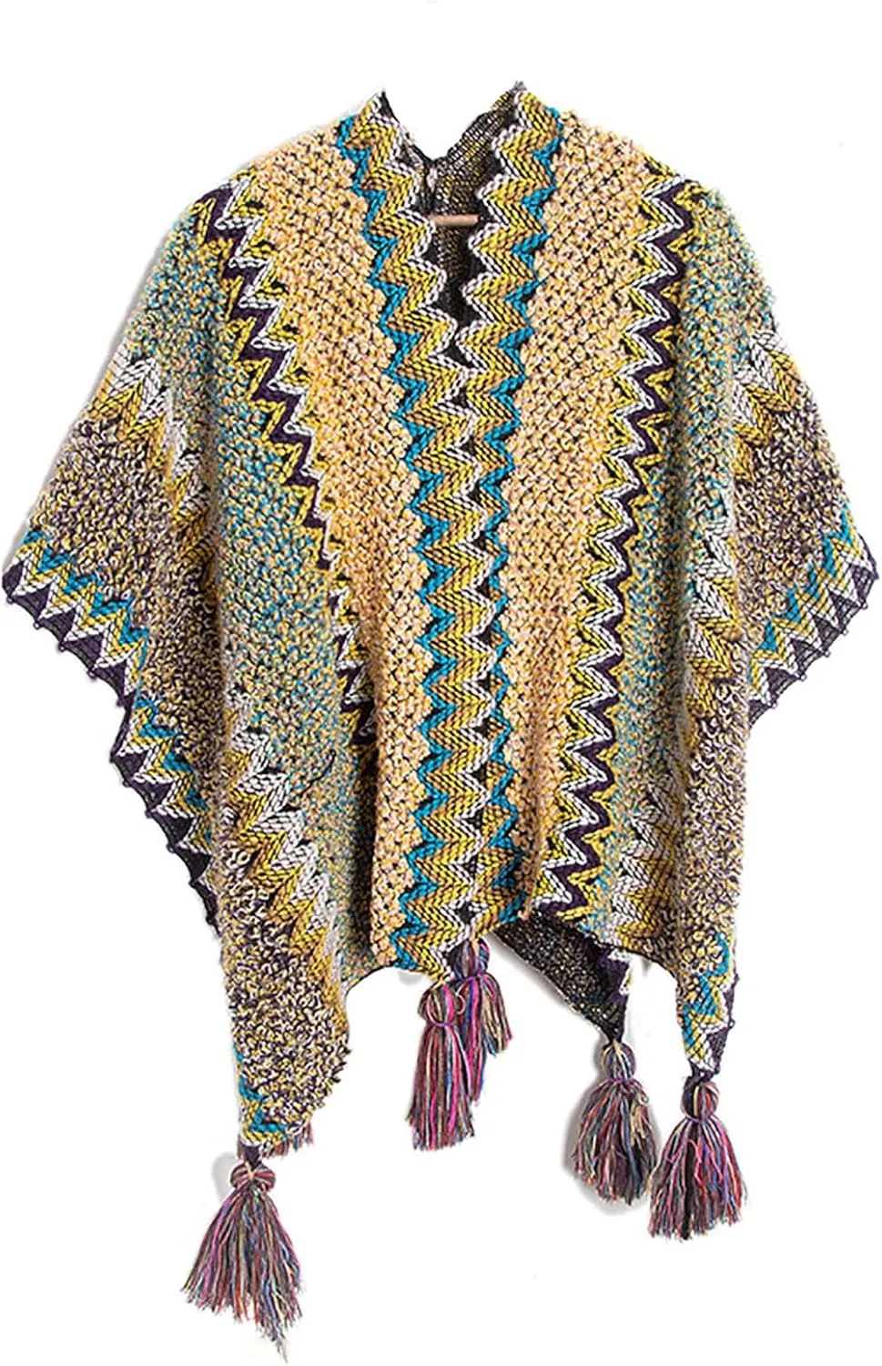 Knit Shawl Wraps for Women, Boho Open Front Cardigan Sweater Color Block Cape Poncho with Tassel for Fall Winter