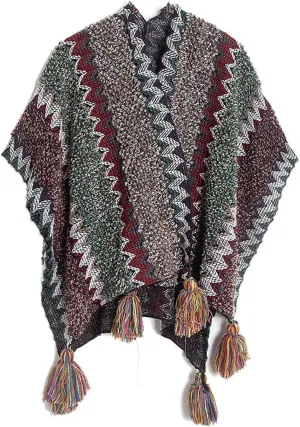 Knit Shawl Wraps for Women, Boho Open Front Cardigan Sweater Color Block Cape Poncho with Tassel for Fall Winter