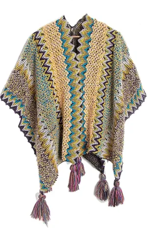 Knit Shawl Wraps for Women, Boho Open Front Cardigan Sweater Color Block Cape Poncho with Tassel for Fall Winter