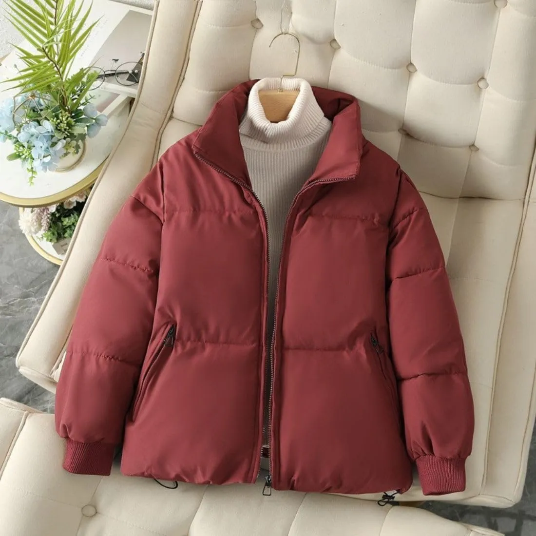 Kwoki Women's Full Zip Puffer Jacket Long Sleeve Stand Collar Oversized Chunky Winter Warm Down Outerwear Coats