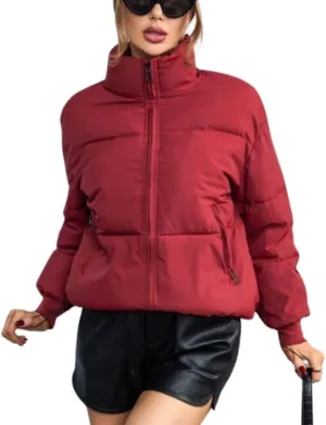 Kwoki Women's Full Zip Puffer Jacket Long Sleeve Stand Collar Oversized Chunky Winter Warm Down Outerwear Coats
