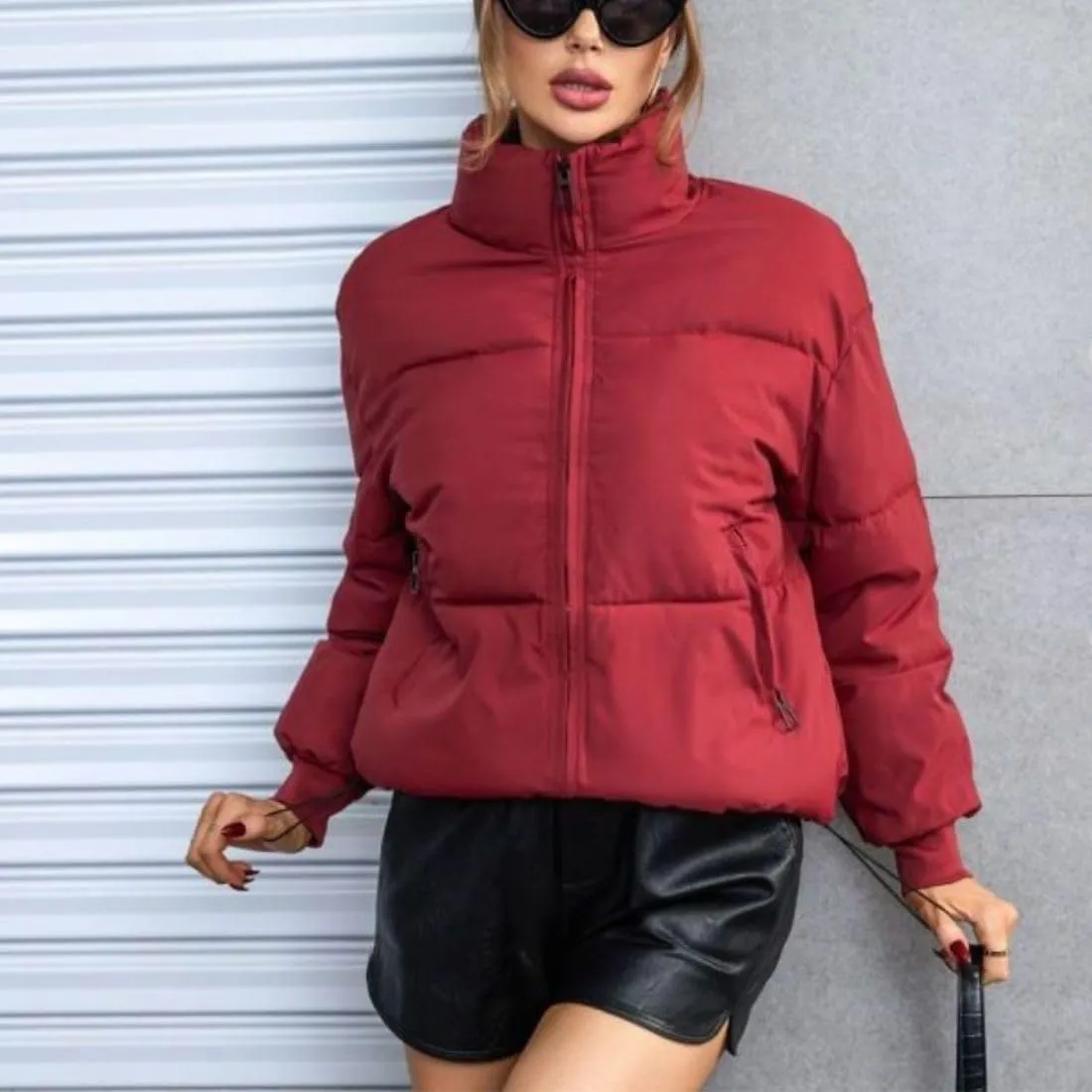 Kwoki Women's Full Zip Puffer Jacket Long Sleeve Stand Collar Oversized Chunky Winter Warm Down Outerwear Coats