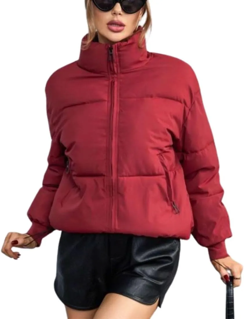 Kwoki Women's Full Zip Puffer Jacket Long Sleeve Stand Collar Oversized Chunky Winter Warm Down Outerwear Coats