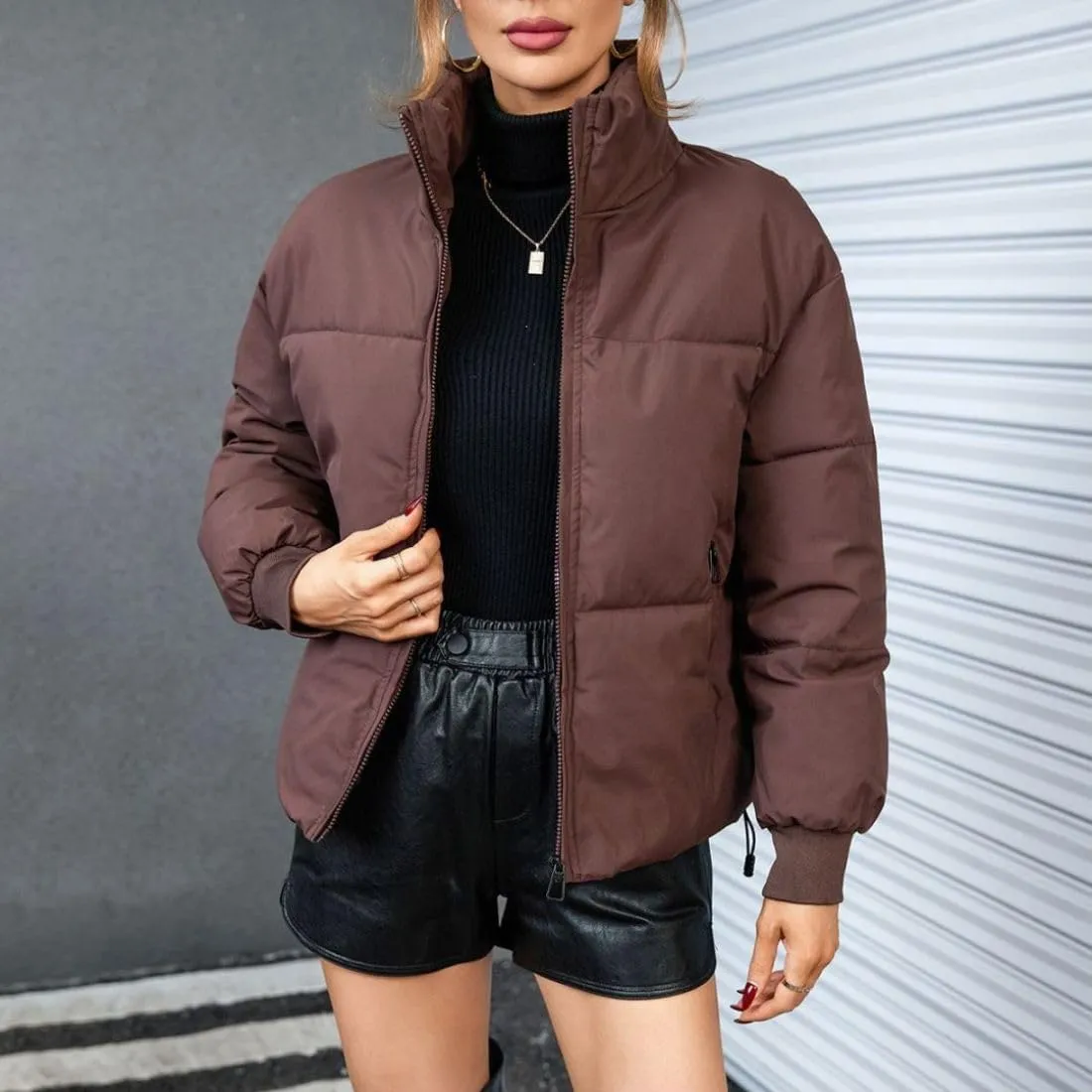 Kwoki Women's Full Zip Puffer Jacket Long Sleeve Stand Collar Oversized Chunky Winter Warm Down Outerwear Coats