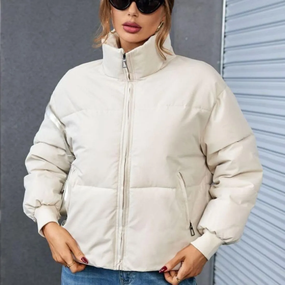 Kwoki Women's Full Zip Puffer Jacket Long Sleeve Stand Collar Oversized Chunky Winter Warm Down Outerwear Coats