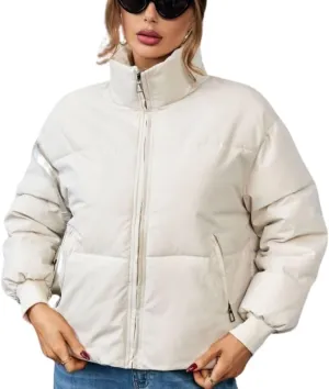 Kwoki Women's Full Zip Puffer Jacket Long Sleeve Stand Collar Oversized Chunky Winter Warm Down Outerwear Coats