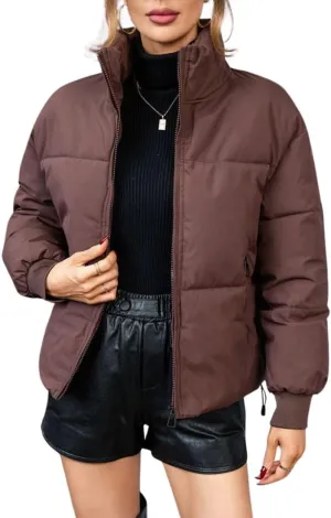 Kwoki Women's Full Zip Puffer Jacket Long Sleeve Stand Collar Oversized Chunky Winter Warm Down Outerwear Coats