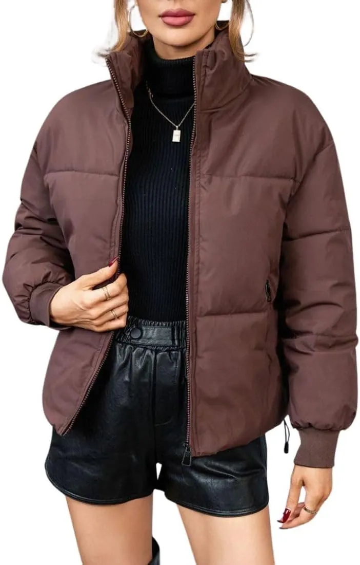 Kwoki Women's Full Zip Puffer Jacket Long Sleeve Stand Collar Oversized Chunky Winter Warm Down Outerwear Coats