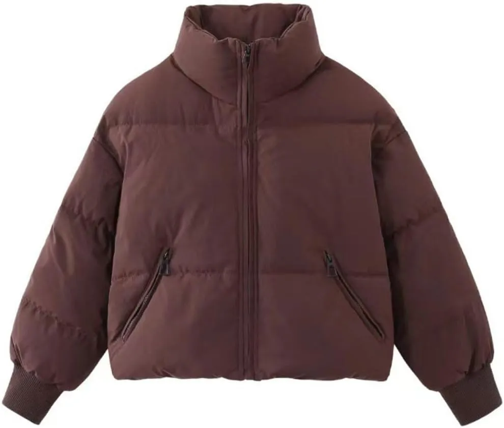 Kwoki Women's Full Zip Puffer Jacket Long Sleeve Stand Collar Oversized Chunky Winter Warm Down Outerwear Coats