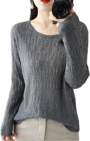 Ladies Hollow Out Cable Knit Pullover Sweaters Women's Crewneck Crochet Knit Sweaters