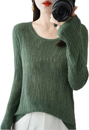 Ladies Hollow Out Cable Knit Pullover Sweaters Women's Crewneck Crochet Knit Sweaters