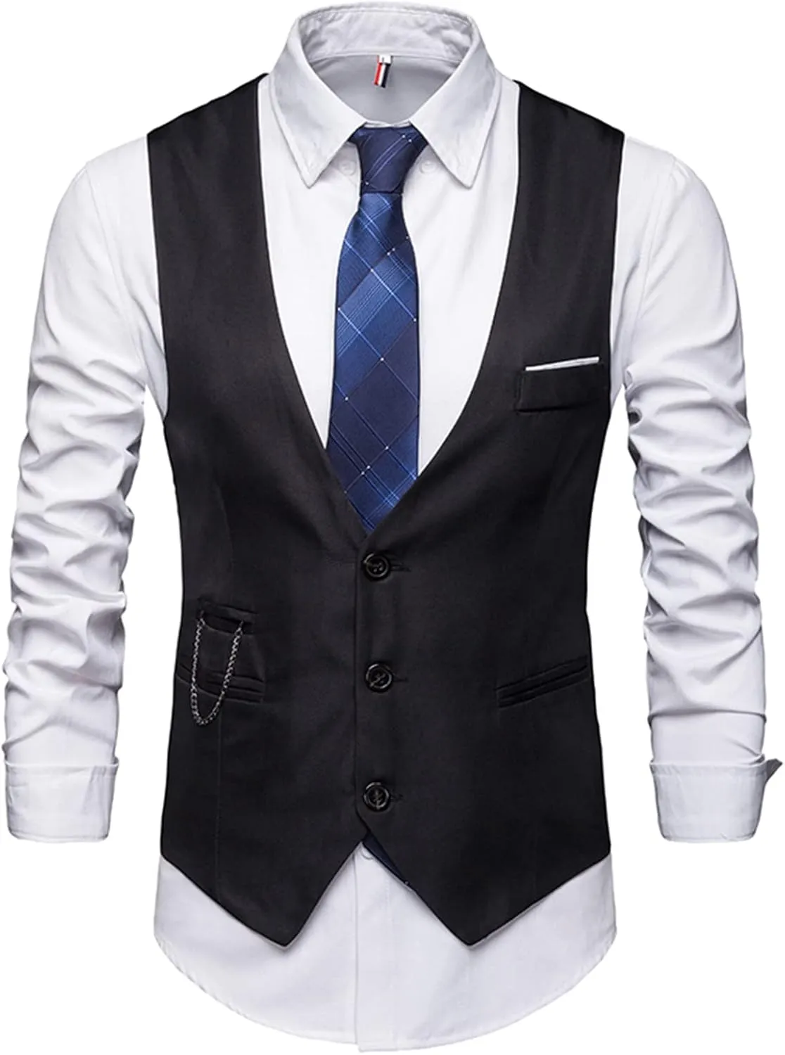 LCMTWX Men's Summer Black Solid V-Neck XL Polyester Button Closure Classic Fit Hip Length Vest with Slit Pocket