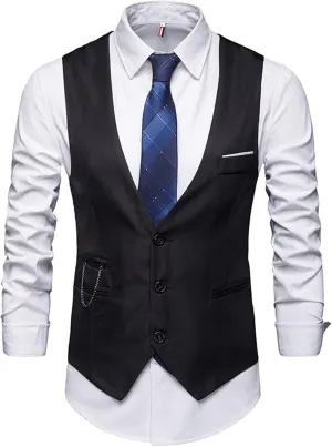 LCMTWX Men's Summer Black Solid V-Neck XL Polyester Button Closure Classic Fit Hip Length Vest with Slit Pocket