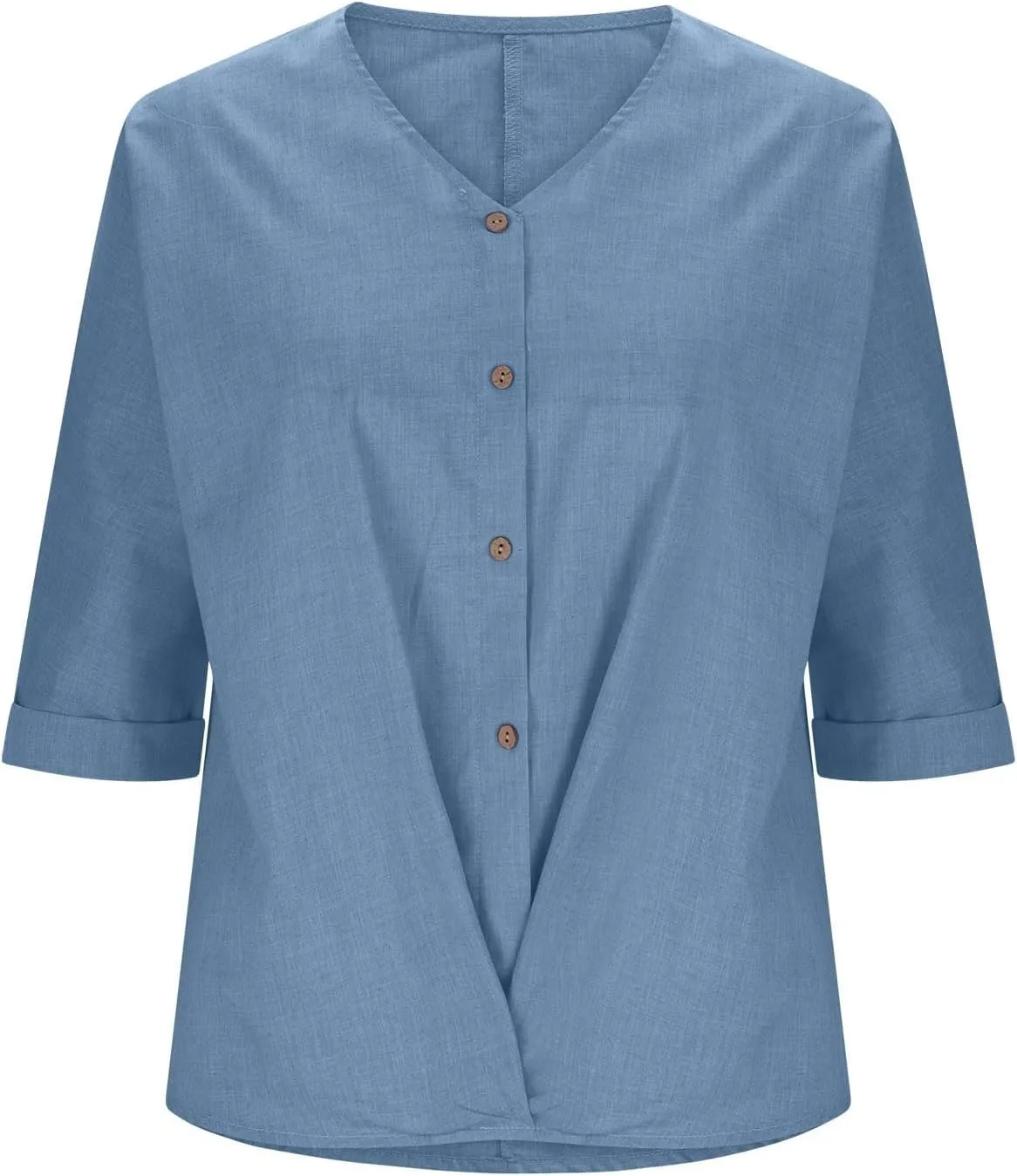 Linen 3/4 Sleeve Blouse for Women Button Down V Neck Shirts Summer Casual Oversized Women Boho Vacation Tees