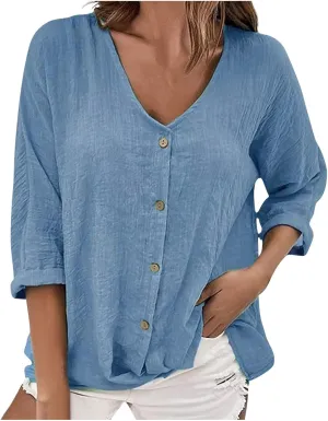 Linen 3/4 Sleeve Blouse for Women Button Down V Neck Shirts Summer Casual Oversized Women Boho Vacation Tees