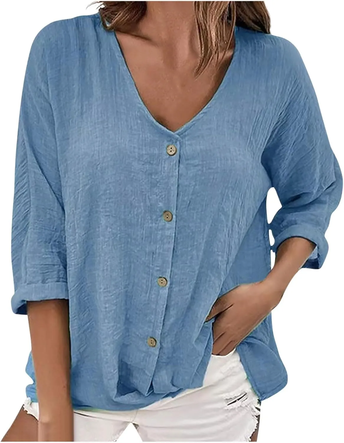 Linen 3/4 Sleeve Blouse for Women Button Down V Neck Shirts Summer Casual Oversized Women Boho Vacation Tees