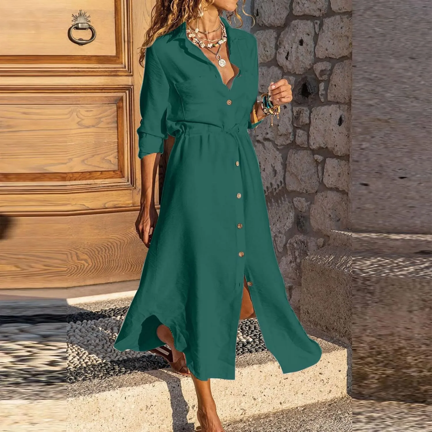 Linen Dress for Women Summer Cotton Midi Button Down Dresses Plus Size Tunic Waist Split Casual Office Tshirt Dress