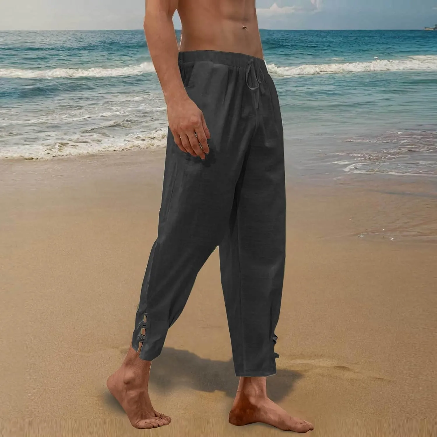 Linen Pants Men Beach Casual Loose Fit Elastic Drawstring Waist Summer Yoga Trousers Stretch with Pockets Fashion 2025