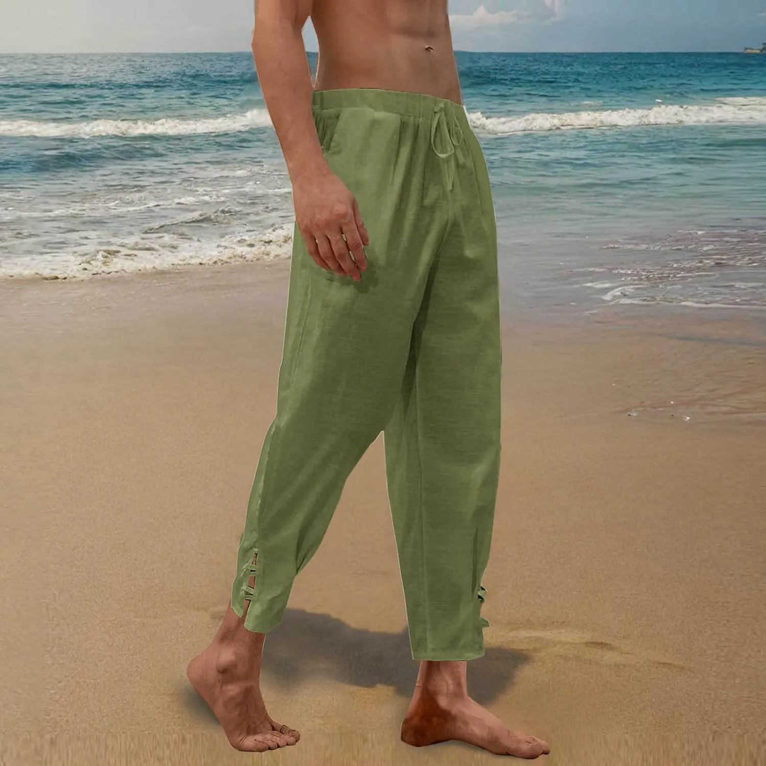 Linen Pants Men Beach Casual Loose Fit Elastic Drawstring Waist Summer Yoga Trousers Stretch with Pockets Fashion 2025