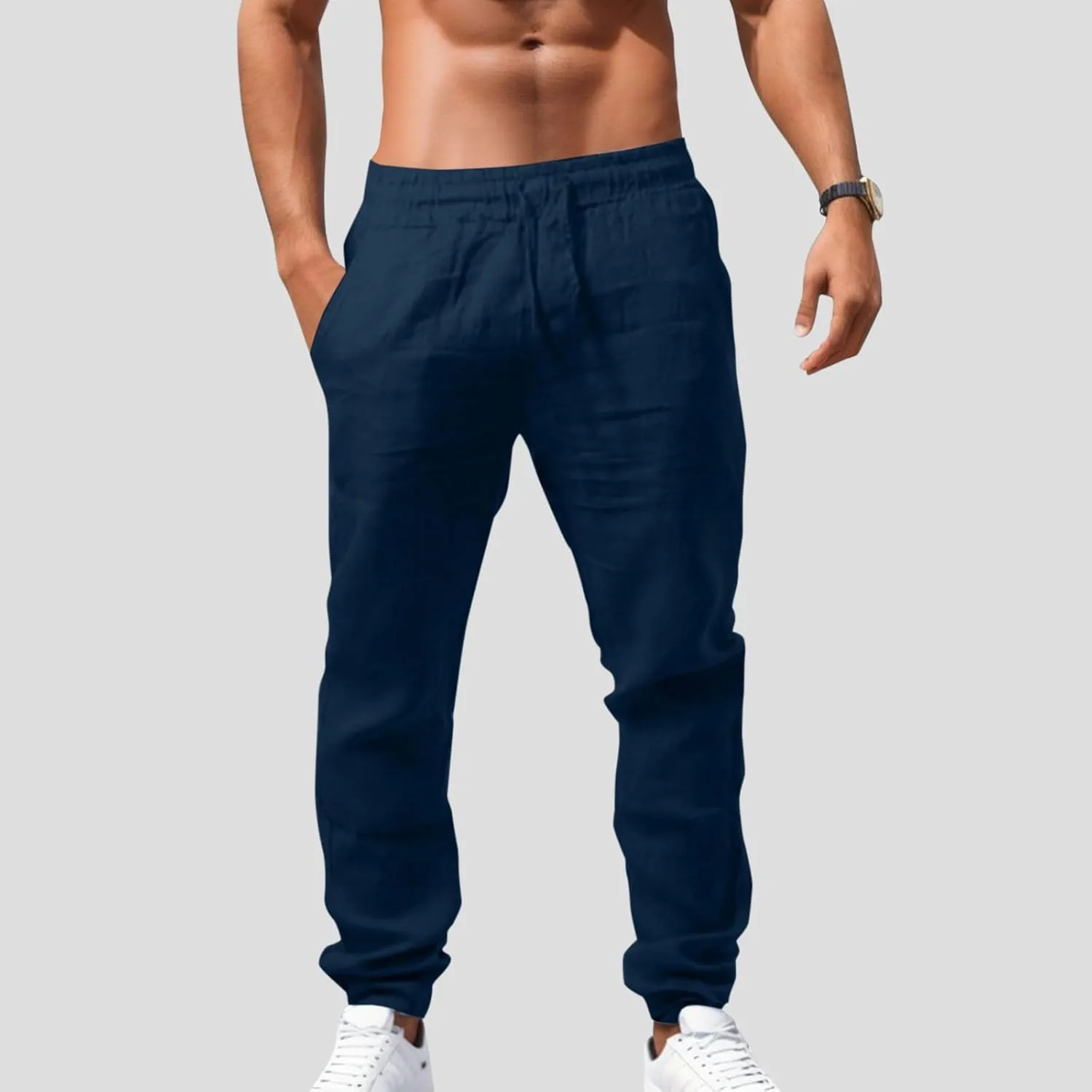 Linen Pants Men Casual Loose Fit Drawstring Elastic Waist Straight Leg Trousers Summer Yoga Beach Long Sweatpants