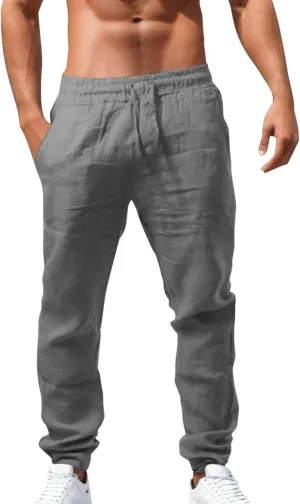 Linen Pants Men Casual Loose Fit Drawstring Elastic Waist Straight Leg Trousers Summer Yoga Beach Long Sweatpants