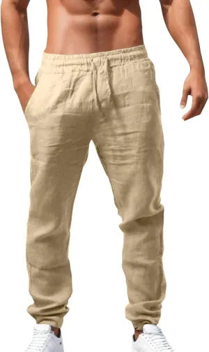 Linen Pants Men Casual Loose Fit Drawstring Elastic Waist Straight Leg Trousers Summer Yoga Beach Long Sweatpants