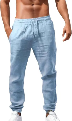 Linen Pants Men Casual Loose Fit Drawstring Elastic Waist Straight Leg Trousers Summer Yoga Beach Long Sweatpants