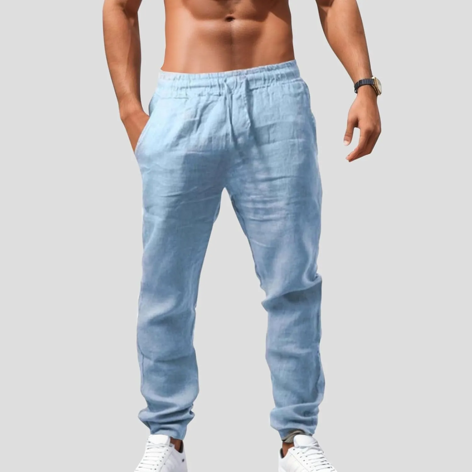 Linen Pants Men Casual Loose Fit Drawstring Elastic Waist Straight Leg Trousers Summer Yoga Beach Long Sweatpants