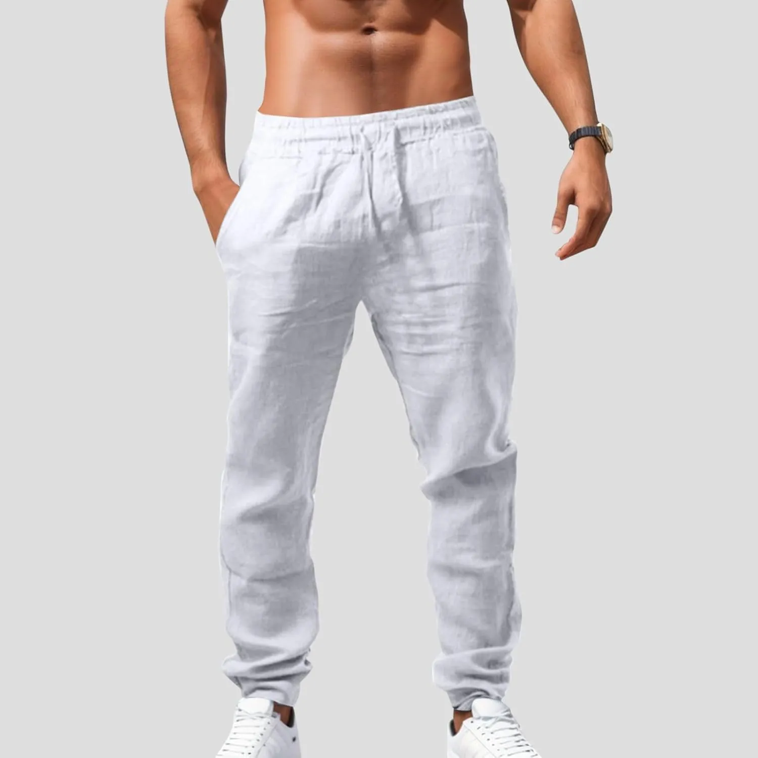 Linen Pants Men Casual Loose Fit Drawstring Elastic Waist Straight Leg Trousers Summer Yoga Beach Long Sweatpants