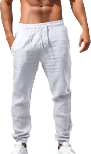 Linen Pants Men Casual Loose Fit Drawstring Elastic Waist Straight Leg Trousers Summer Yoga Beach Long Sweatpants
