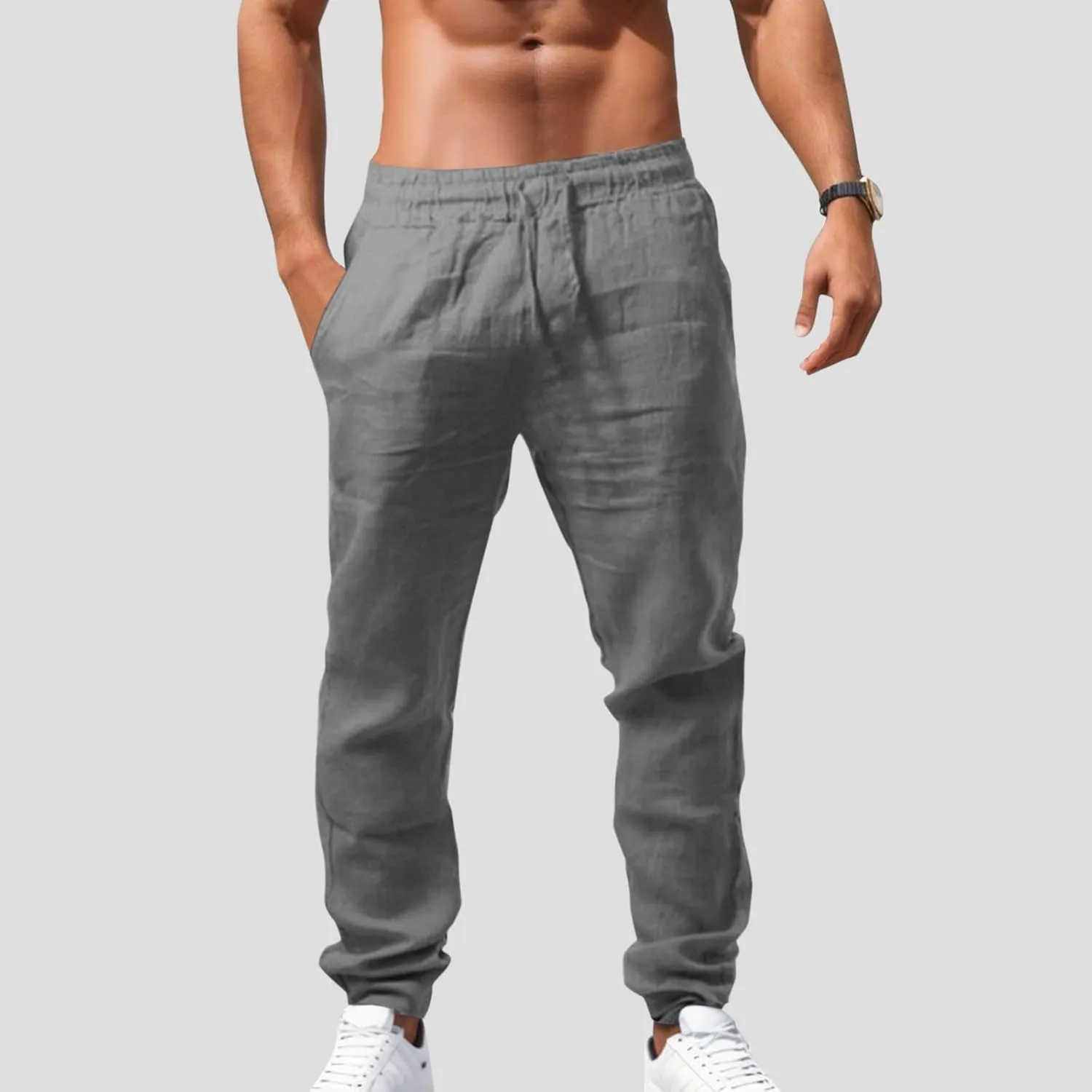 Linen Pants Men Casual Loose Fit Drawstring Elastic Waist Straight Leg Trousers Summer Yoga Beach Long Sweatpants