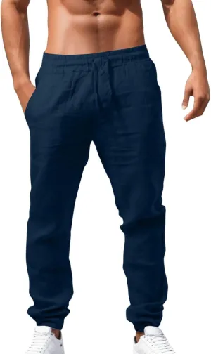 Linen Pants Men Casual Loose Fit Drawstring Elastic Waist Straight Leg Trousers Summer Yoga Beach Long Sweatpants