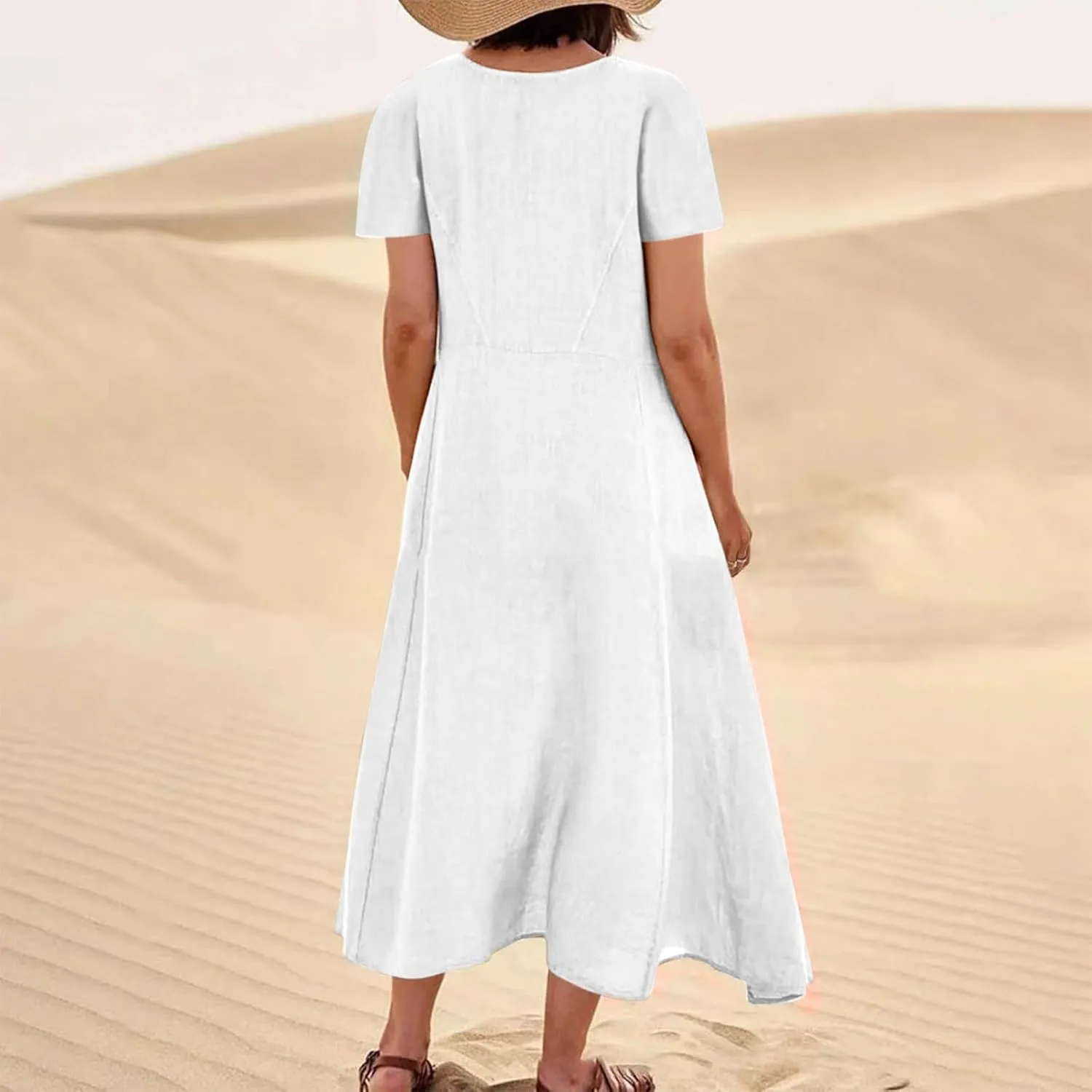 Linen Shirt Dresses for Women Plus Size Short Sleeve Flowy Midi Dresses Summer Casual Shirt Dresses with Dual Pockets